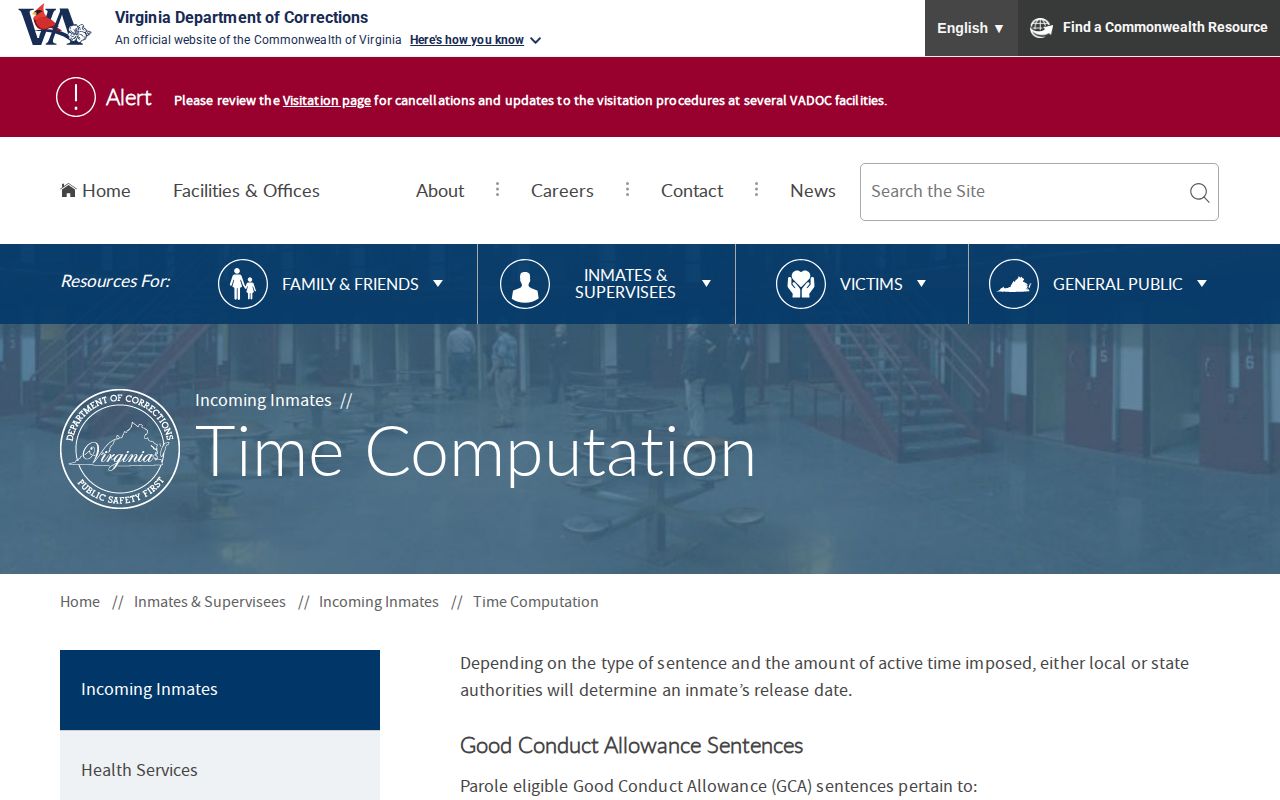 VADOC time computation for Amherst County projected release dates