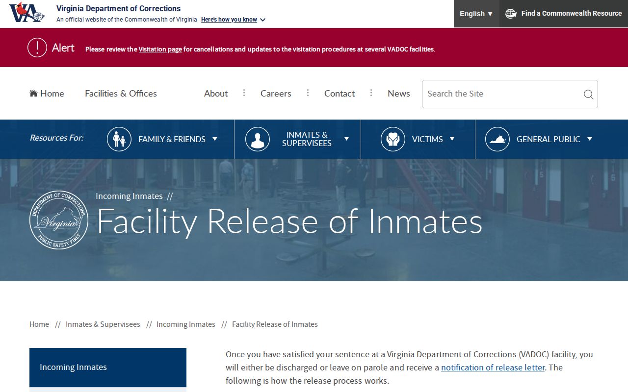 VADOC facility release process for Amherst County release confirmation